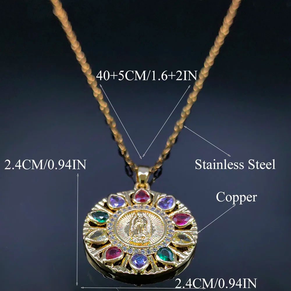 Aesthetic Virgin Mary Medal Copper Zircon Pendant Necklace for Women Men Stainless Steel Our Lady Guadalupe Chain Jewelry collar