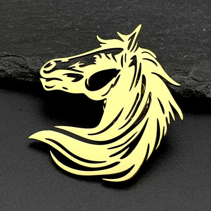 Men Horse Head Brooch Hollow Stainless Steel Gold Color Lapel Brooches Pin