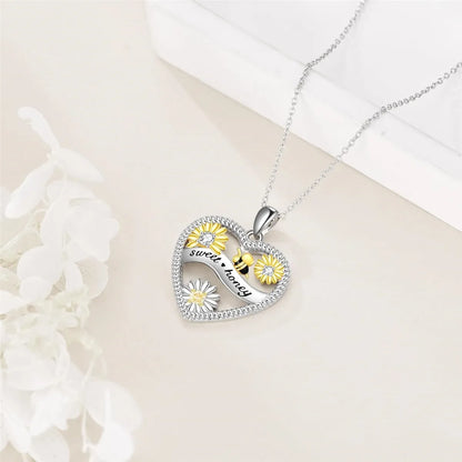 Women Fashionable Elegant Heart Shaped Bee Sunflower Pendant Necklace