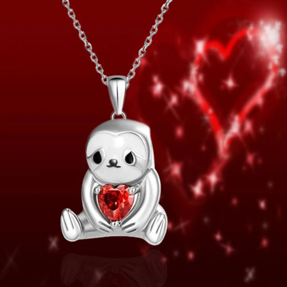 Women Sparkling Red Crystal Animal Cartoon Sloth Pendant Necklace