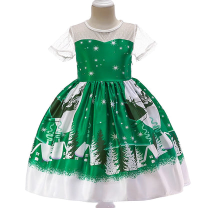 Kids Girls Princess Cartoon Santa Claus Snowflake Costume Xmas Party Print Dress