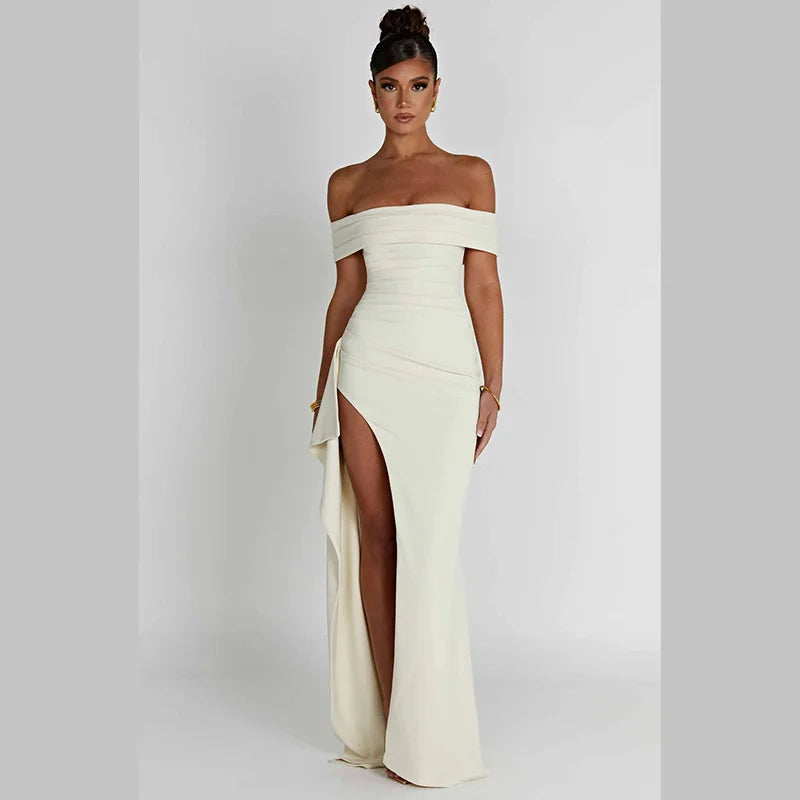 Women Off-shoulder Ruffled Thigh High Split Maxi Slash Neck Backless Bodycon Party Evening Dress