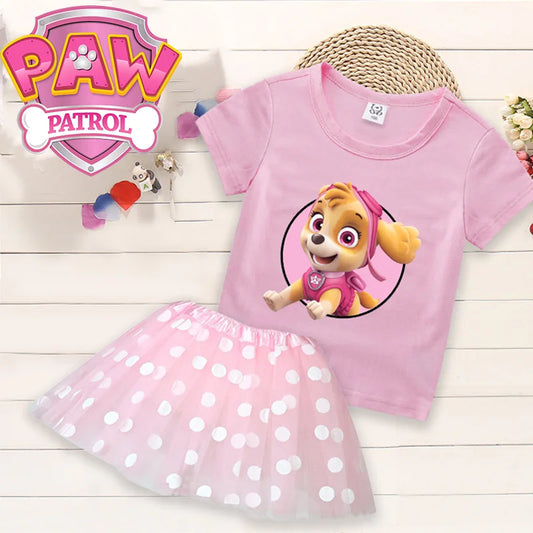 Paw Patrol Kids Girl Cartoon Polka Dot Print Round Neck T-shirt Dress Sets