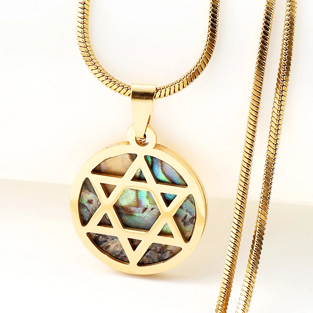 Women Men Abalone Stainless Steel Gold Color Jewish Star of David Aesthetic Hexagram Amulet Necklace