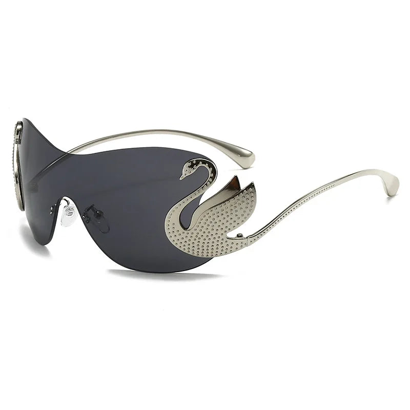 Y2k Women Fashion Swan Inlay Gradient Lens Shades Oversized Rimless Sunglasses Glasses