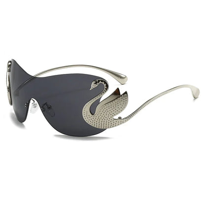 Y2k Women Fashion Swan Inlay Gradient Lens Shades Oversized Rimless Sunglasses Glasses
