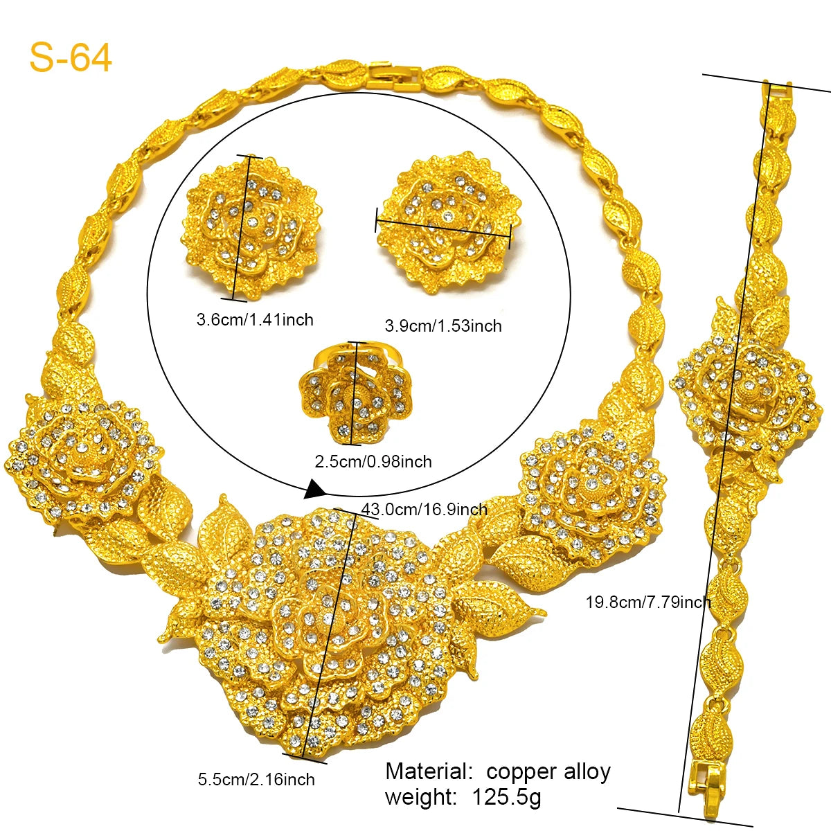 Brazilian 24K Gold Plated Women Dubai Indian African Bridal Wedding Big Pendant Necklace Earringsaf