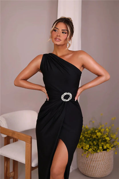 Women Shiny Brooch Inclined Shoulder Maxi Sleeveless Backless Elegant Split Long Dress