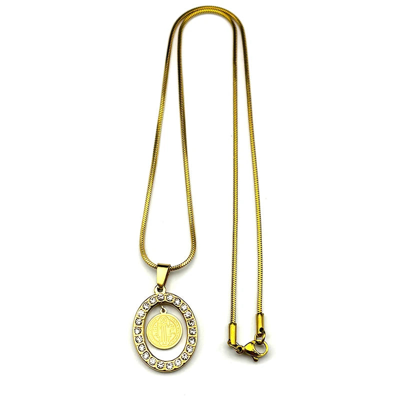 Women Men Catholic Saint Benedict Snake Stainless Steel Rhinestone Gold Color Medal Chain Necklace