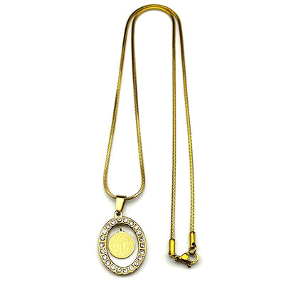Women Men Catholic Saint Benedict Snake Stainless Steel Rhinestone Gold Color Medal Chain Necklace