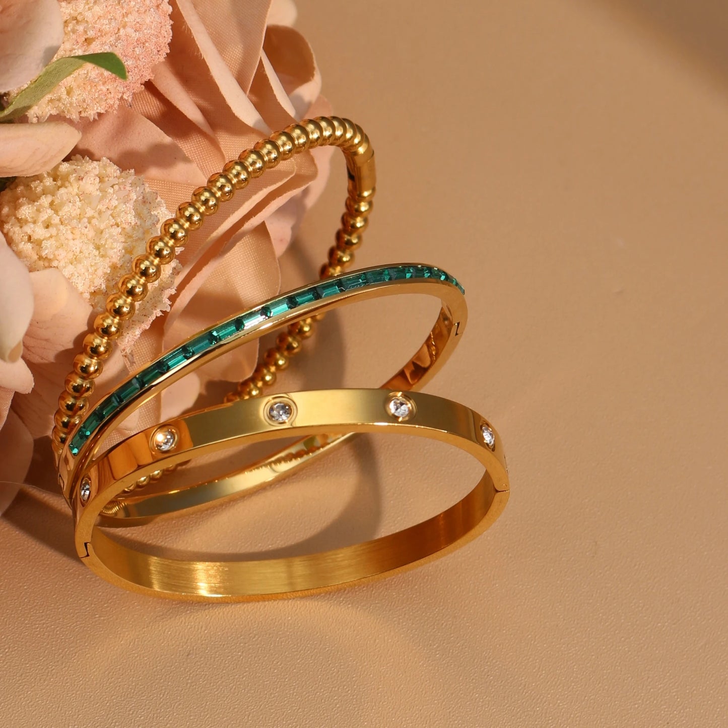 Women 18k Gold Plated Stainless Steel Green Zircon Bangles Bracelet Set Gift.