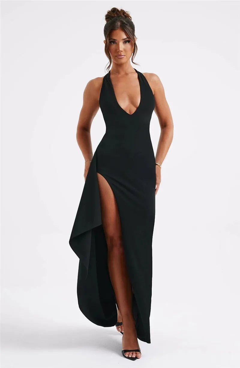 Women Deep V Neck Thigh High Split Maxi Halter Sleeveless Backless Bodycon Party Long Dress