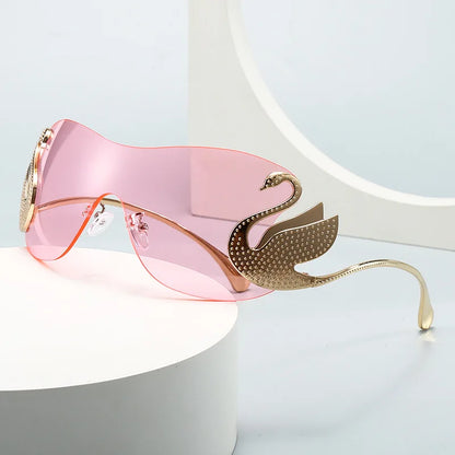 Y2k Women Fashion Swan Inlay Gradient Lens Shades Oversized Rimless Sunglasses Glasses