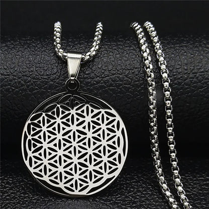 Women Men Flower of Life Stainless Steel Gold Color Mandala Long Necklace