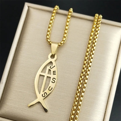 Women Men Stainless Steel Gold Color Christian Jesus Fish Cross Pendant Necklace