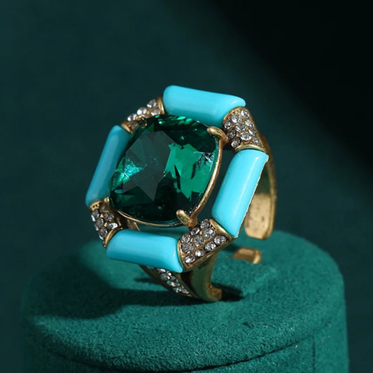Antique Emerald Green Crystal 18K Gold-Plated Sea Blue Enamel Square Natural Stone Ring