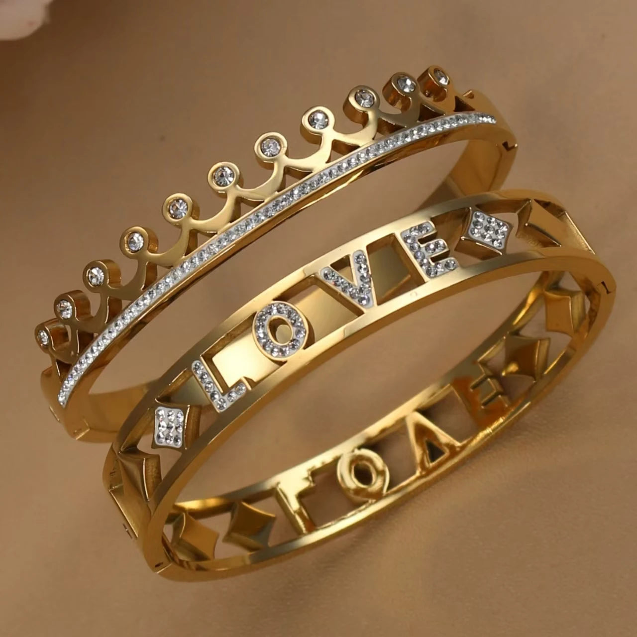 Delicate Crystal Crown LOVE Stainless Steel Gold Color Cutout Design Women's Charm Bracelet