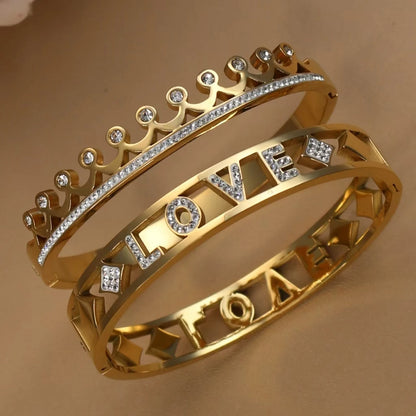 Delicate Crystal Crown LOVE Stainless Steel Gold Color Cutout Design Women's Charm Bracelet