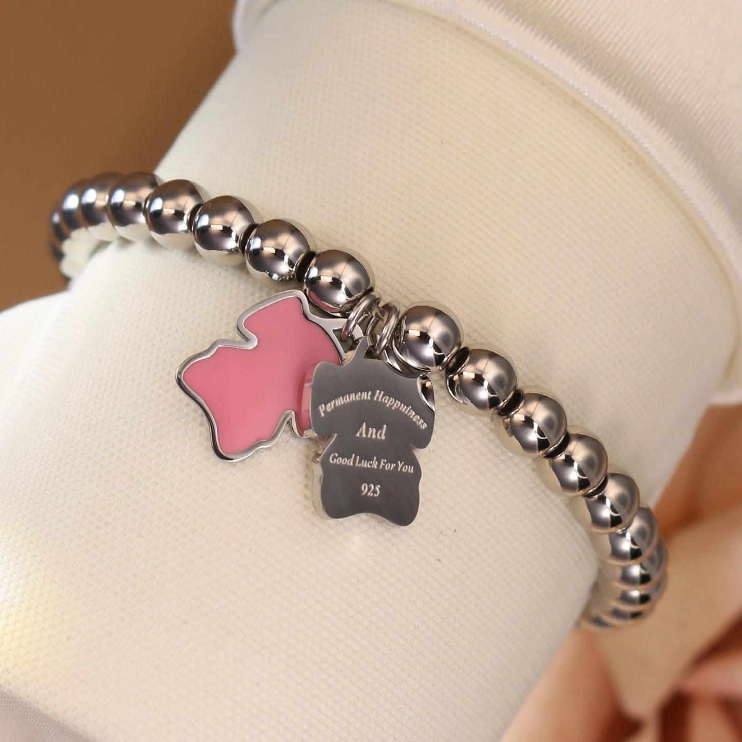 New Pink Elephant Pendant Elastic Bead Stainless Steel Bracelet 18 K Gold Plated Luxury Women's Jewelry Wholesale Gift