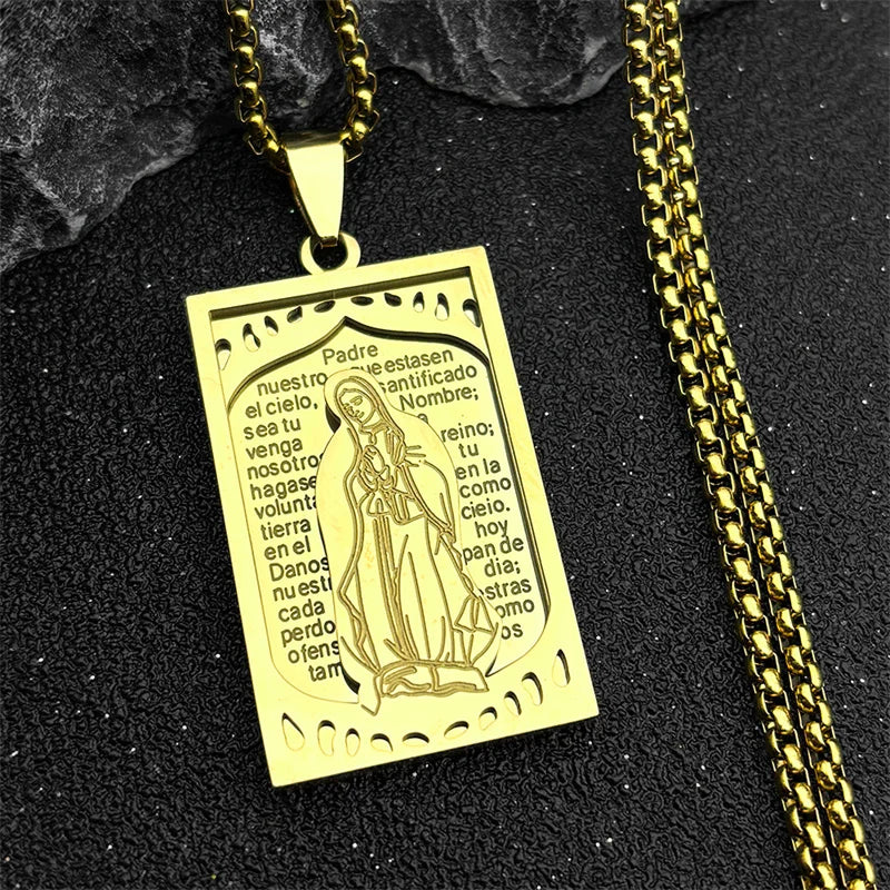 Men Stainless Steel Hip Hop Virgin Mary Medal Our Lady of Guadalupe Pendant Necklace