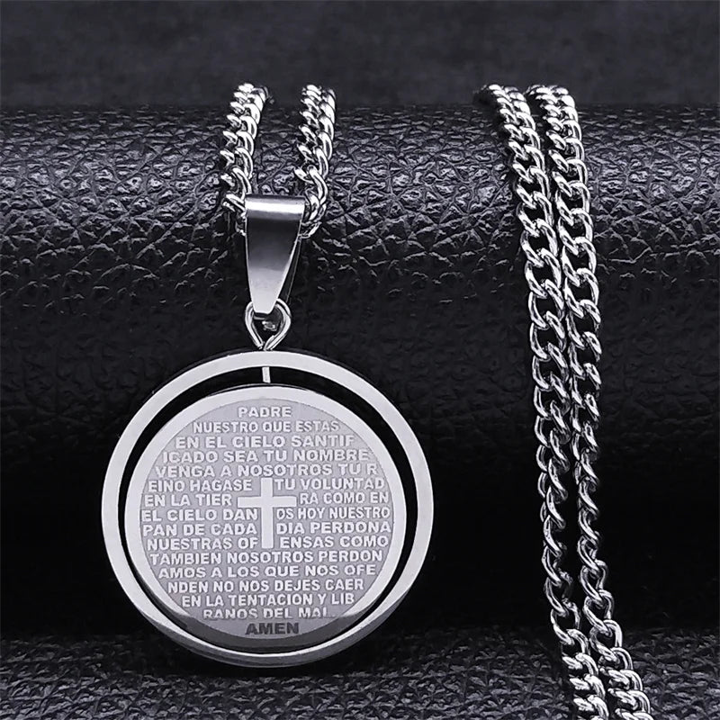 Stainless Steel Spanish Religious Christian Bible Lords Prayer Cross Pendant Necklace