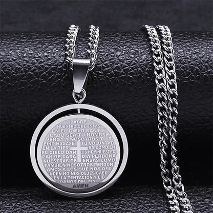 Stainless Steel Spanish Religious Christian Bible Lords Prayer Cross Pendant Necklace