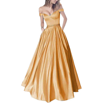 Women Off The Shoulder Beaded Satin V Neck Corset A Line Long Formal Prom Evening Party Gown Dress w/Pocket