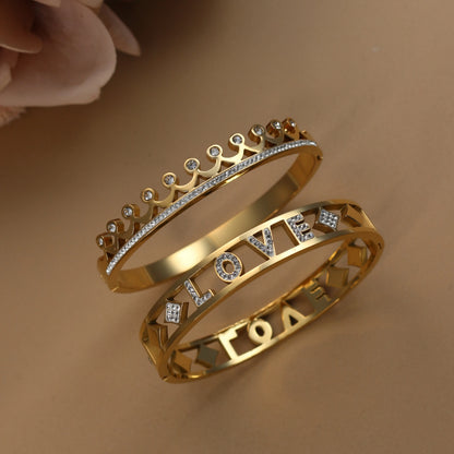 Delicate Crystal Crown LOVE Stainless Steel Gold Color Cutout Design Women's Charm Bracelet