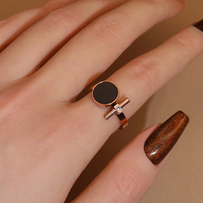 Women 2-In-1Black Acrylic Zirconia Stainless Steel Ring Bangle Bracelet Gifts Set