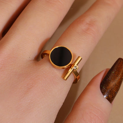 Women 2-In-1Black Acrylic Zirconia Stainless Steel Ring Bangle Bracelet Gifts Set