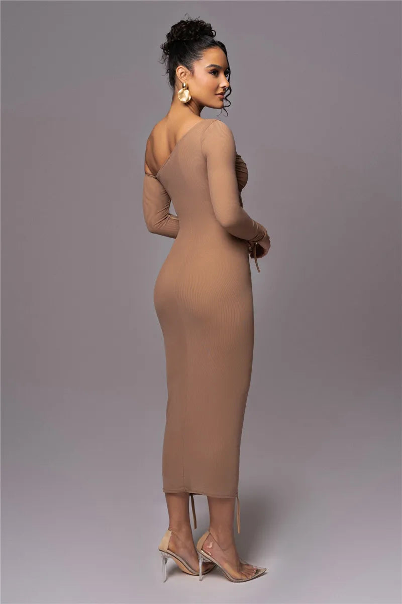 Sexy Diagonal Collar Long Sleeve Midi Two Layer Mesh Backless Ruched Bodycon Club Party Maxi Dress