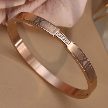 Women Zircon Roman Numeral Stainless Steel Plated 18K Gold Bracelet