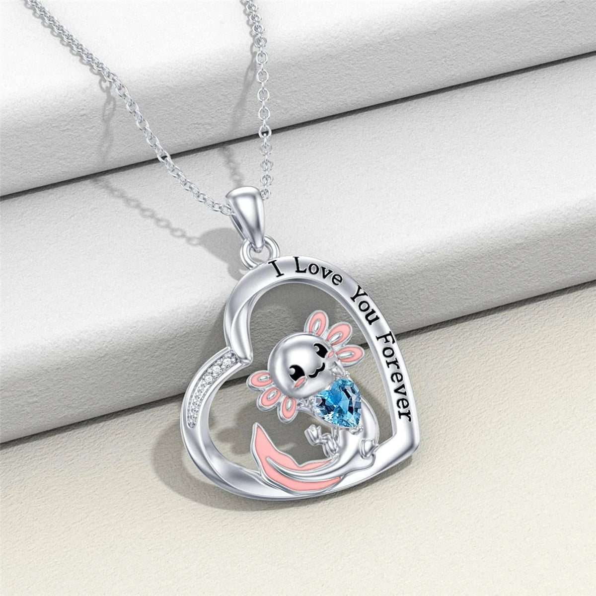 Women Fashion Cute Blue Crystal Axolotl Heart Necklace Gifts