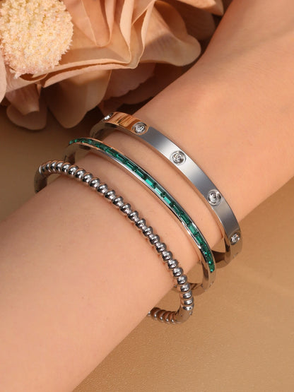 Women 18k Gold Plated Stainless Steel Green Zircon Bangles Bracelet Set Gift.