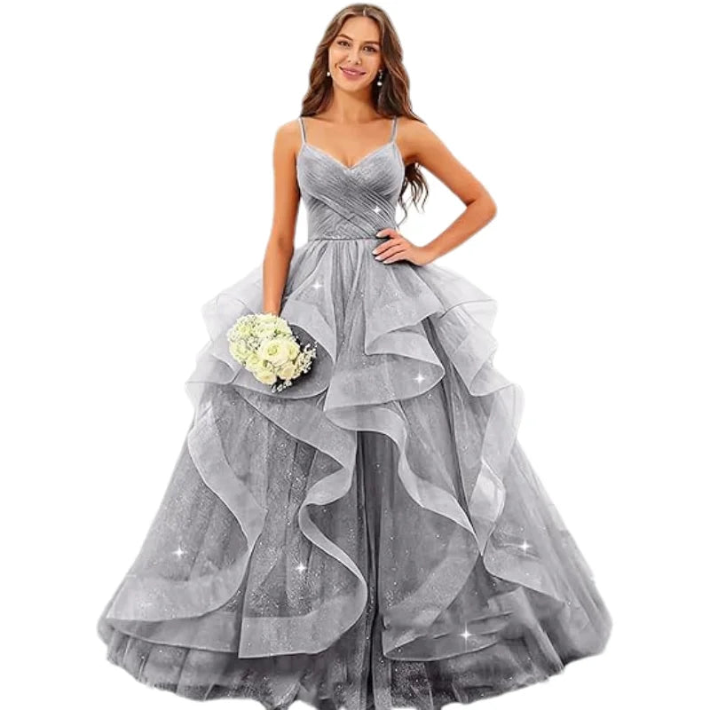 Sparkly Tulle Long Prom Spaghetti Straps Ball Glitter Tulle A-line Formal Evening Party Gown Dress