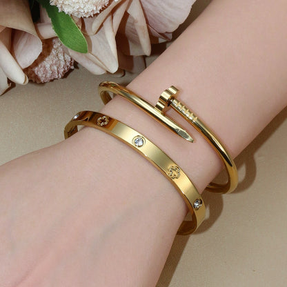 Women Heart Shaped Zircon Stainless Steel Gold Color 2-in-1 Bangles Bracelet Jewelry
