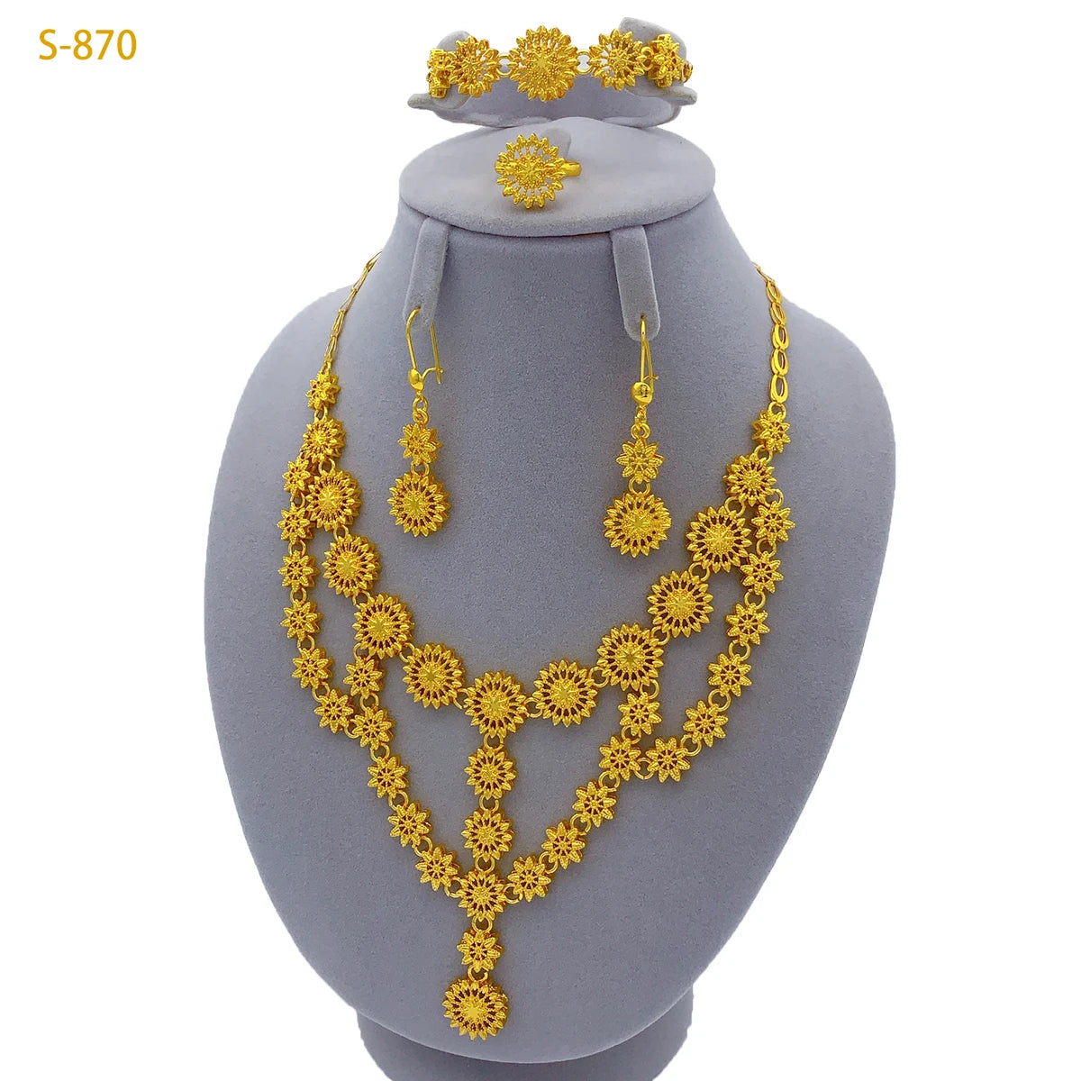 Italian Dubai Women Design 24K Gold Color Wedding Party Necklace Earrings Ring Bracelet Gift