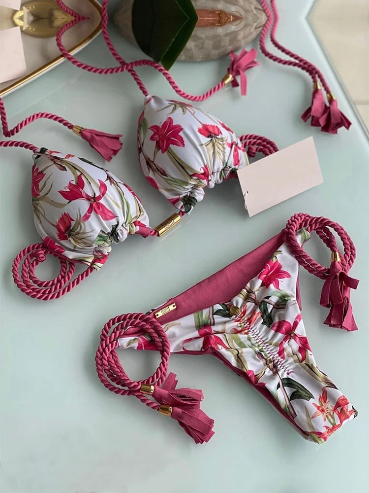 Women Low Waist Two Pieces Botanical-Print Braided Rope Bikini Swimsuit Beachwear Bathing Swimwear