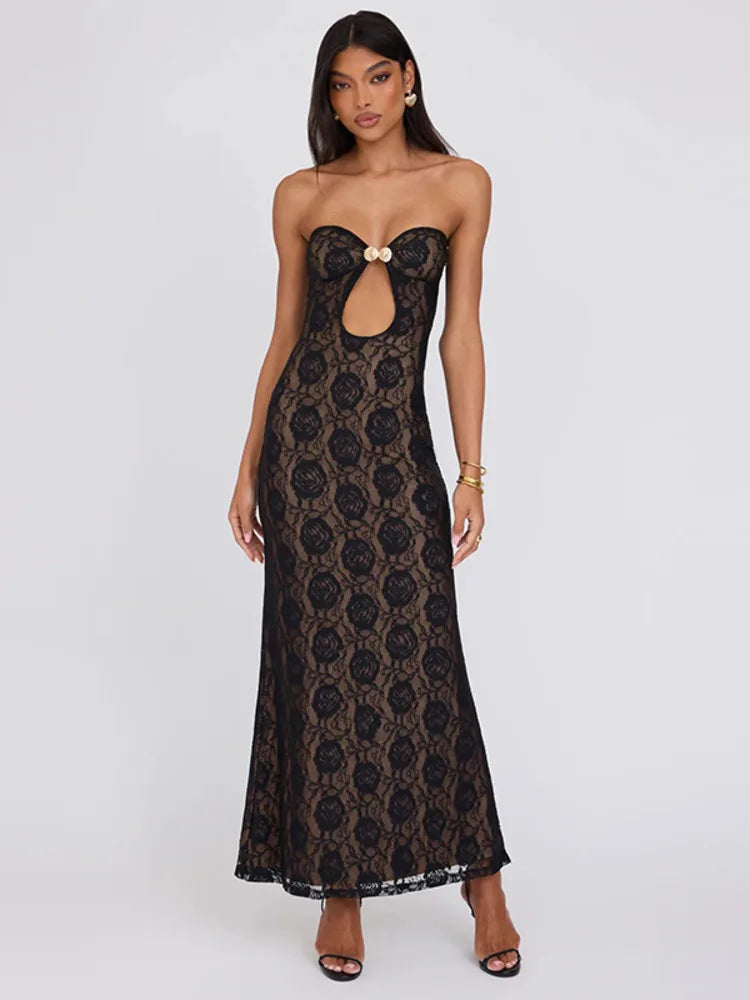 Women Hollow Out Lace Maxi Off-shoulder Strapless Sleeveless Backless Bodycon Party Long Dress