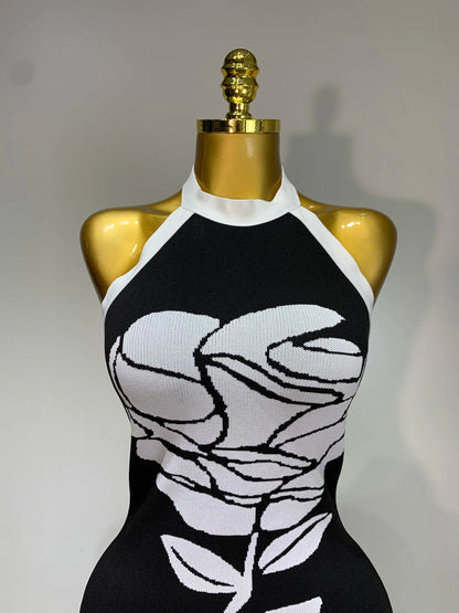 Women Fashion Celebrity Sexy Backless Rose Flower Midi Black Jacquard Bandage Party Dress