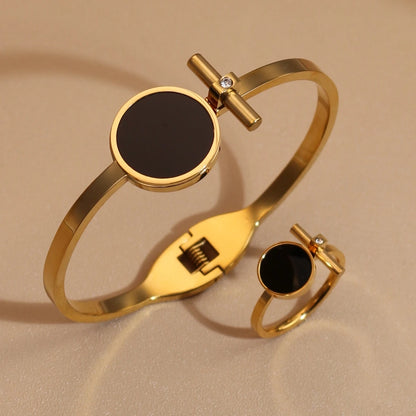 Women 2-In-1Black Acrylic Zirconia Stainless Steel Ring Bangle Bracelet Gifts Set