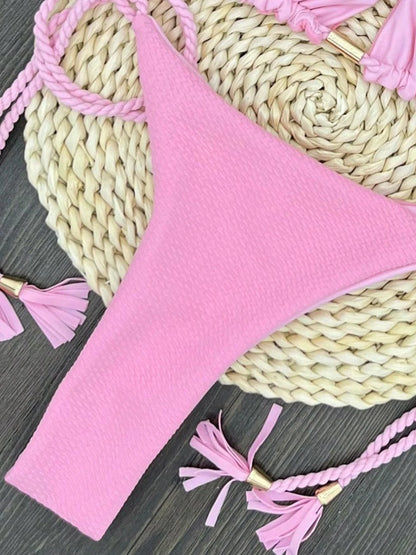 Sexy solid color swimsuit women's split bikini woven rope hanging neck beach swimwear suit
