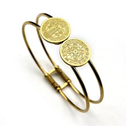 Women Men Stainless Steel Gold Silver Color Saint Benedict Medal Double Line Bangle Bracelet