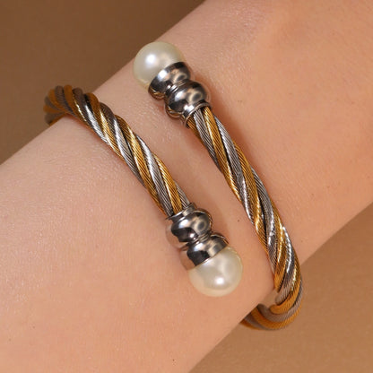 Women Fashionable Double Heart Stainless Steel Pearl Adjustable Bracelet Bangle