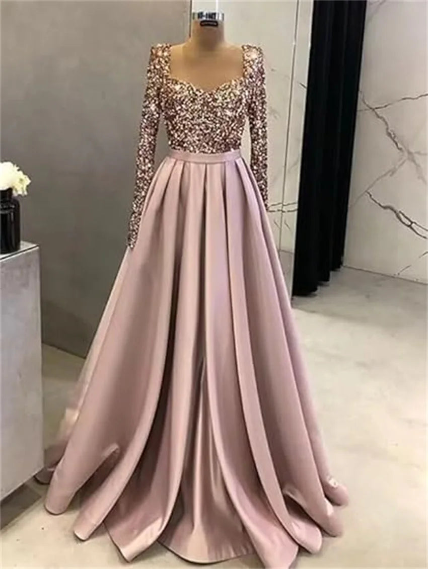 Long Sleeve Sequin Prom Long Satin Women Formal A-Line Evening Party Ball Gown Dress w/ Pockets