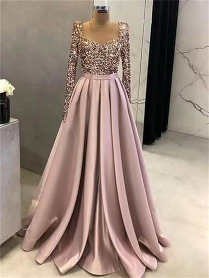 Long Sleeve Sequin Prom Long Satin Women Formal A-Line Evening Party Ball Gown Dress w/ Pockets