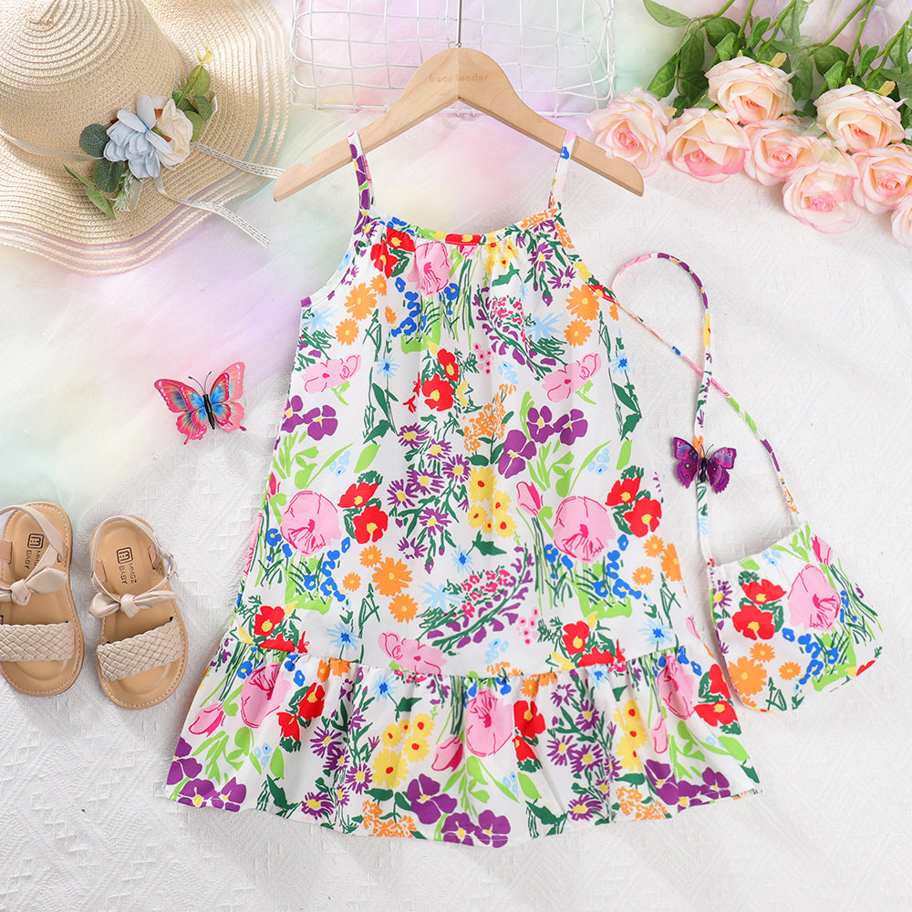 Kids Girls Flower Print Sleeveless Strap Fashion Birthday Beach Holiday Print Dress