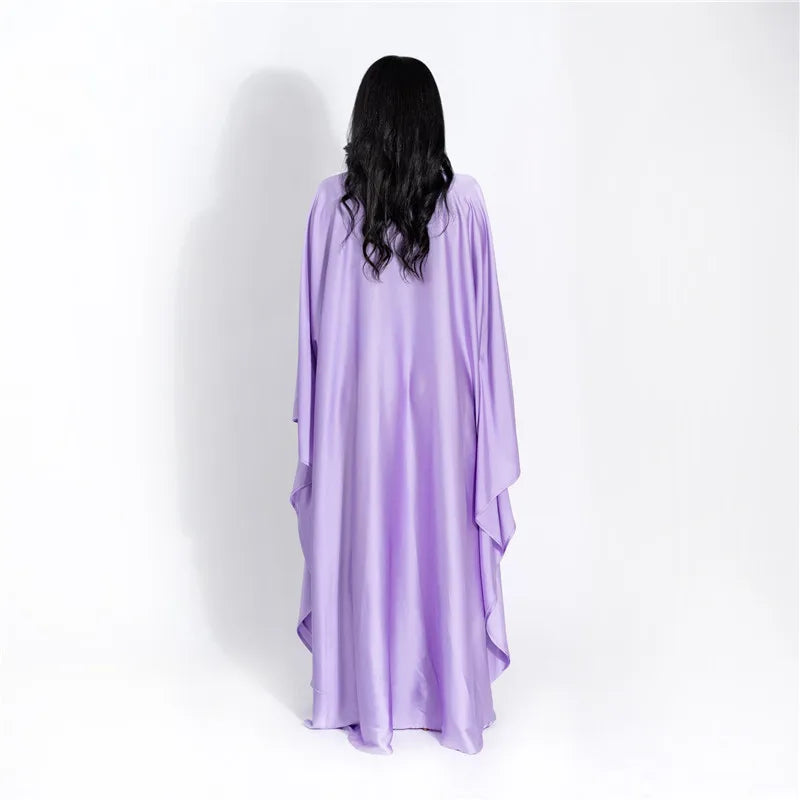 Women Satin Cloak Long Sleeve Loose Kaftan Fashion O Neck Long Dress