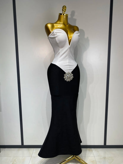 Sexy Bandage Strapless Diamond Flower Maxi Long Birthday Party Prom Dress Gowns