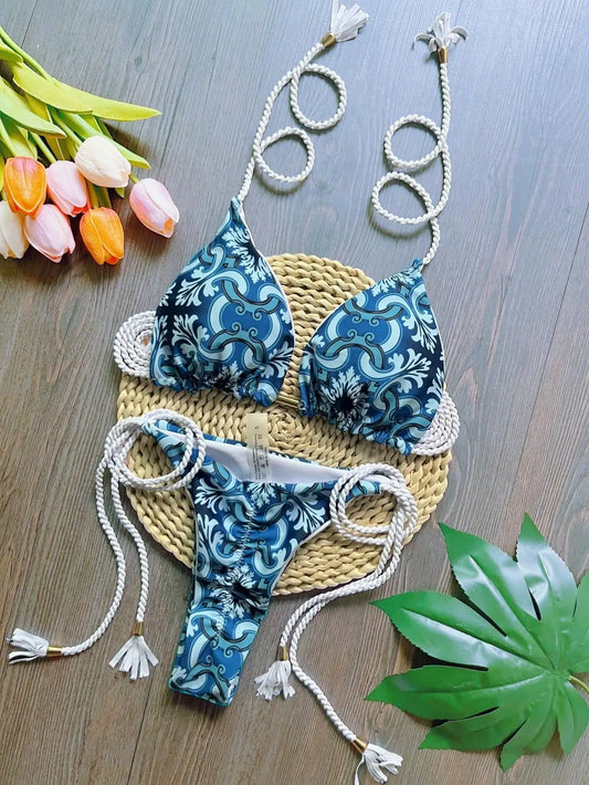 Sexy Print Swimsuit Braiding Rope Bandage Bikinis Triangle Swimwear Bathing Brazilian Suit